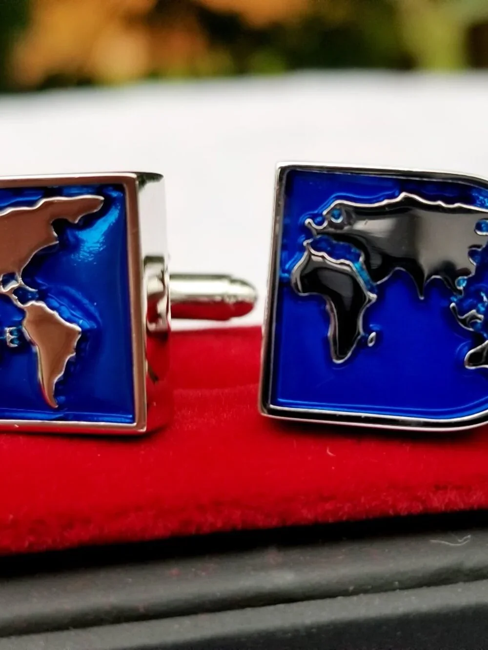 Blue World Map Cufflinks Links Father's Day Travel Geography Explorer Gift Silve